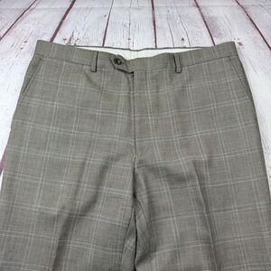 Hart Schaffner & Marx Dress Pants Mens 38 Gray Taupe Wool Glen Plaid Flat Front